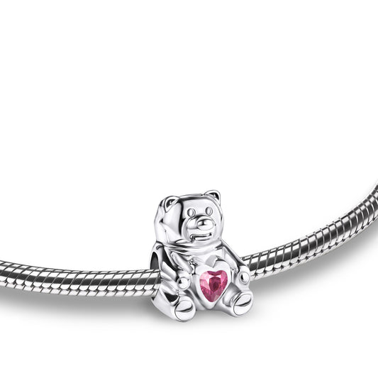 Bead: CuddleBear - Rhodium Plated w/Pink Crystal - BD2080