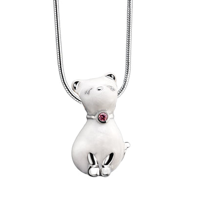 Pendant: Princess Cat Pearl - Enamel Rhodium Plated w/Pink Crystal - PD1260