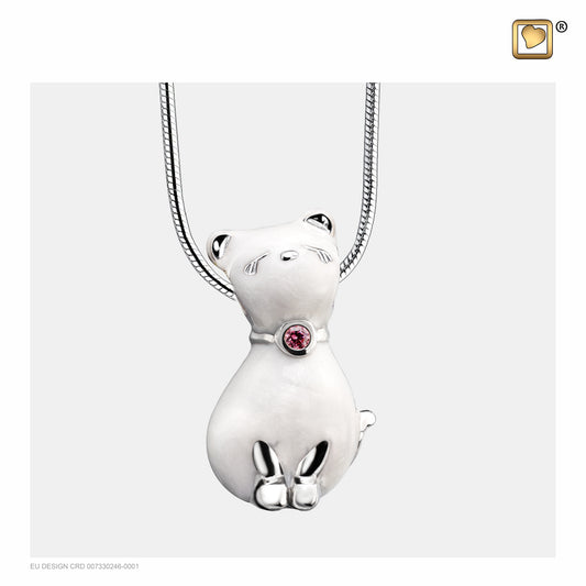 Pendant: Princess Cat Pearl - Enamel Rhodium Plated w/Pink Crystal - PD1260